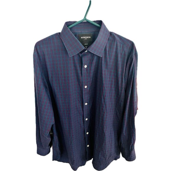 Bonobos Stretch Tailored Fit Button Up Shirt 17.5 33 Plaid Blue Purple - Picture 1 of 8